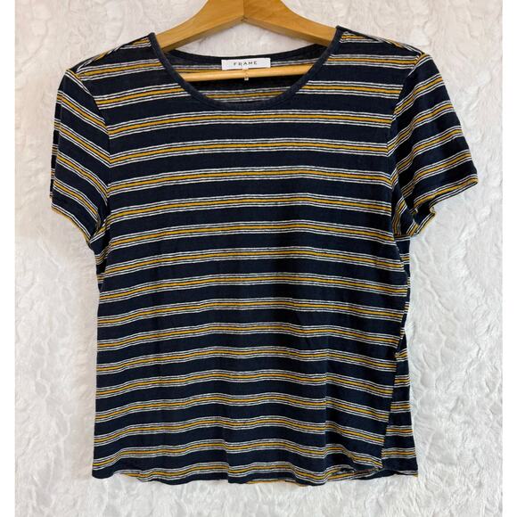 FRAME 100% Linen Short Sleeve Baby T-Shirt Navy Yellow Multi Stripe Large - Picture 1 of 7